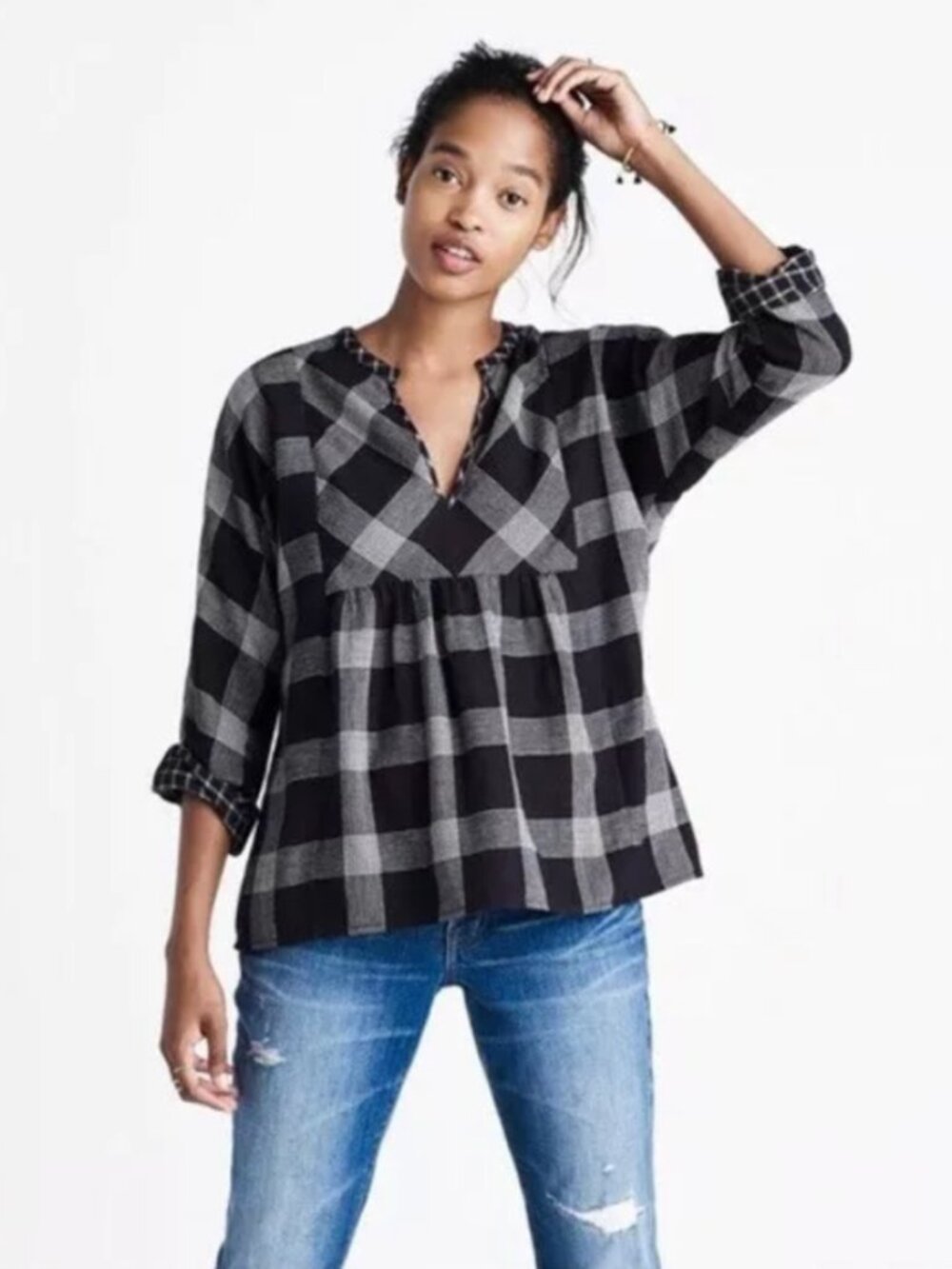 NWT Madewell Bohème Popover Shirt Blouse Hayden Plaid Size XL